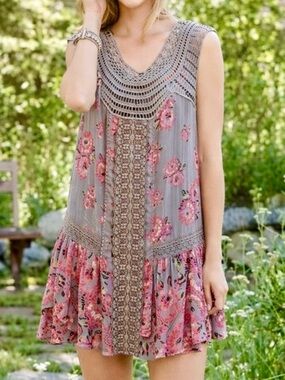 Free People Boho Floral Tunic Dress Crochet Neck Swing Mini Festival Top M